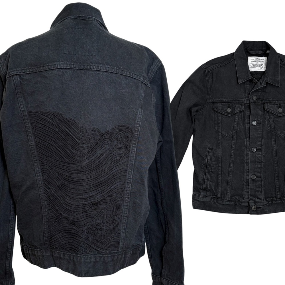 LEVI’S X Wellthread Trucker Jacket Embroidered Wave Washed Black Denim Jacket S